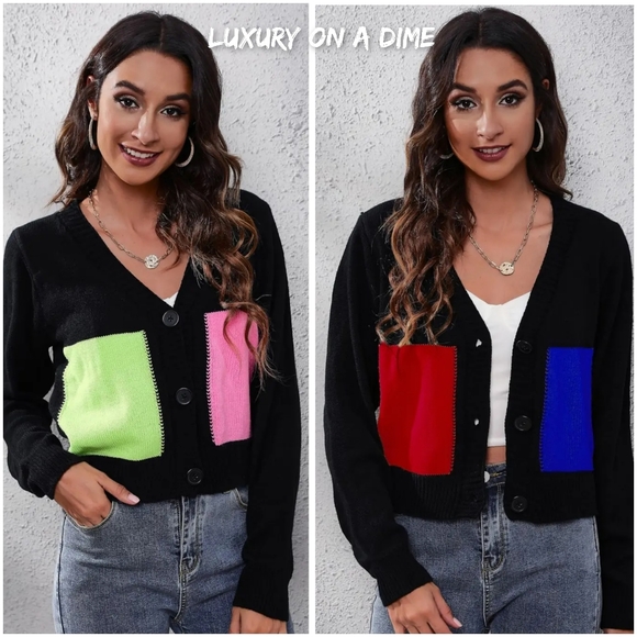 Color Block Cropped Classic Knit Button Front Long Sleeve Casual Cardigan Bright - Picture 8 of 8